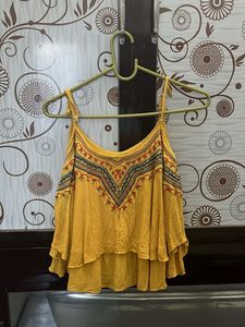 Stylish Yellow Embroidered Cold Shoulder Top
