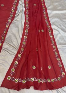 Red Embroidered Chiffon Saree