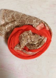 Orange Net Dupatta with Gold Detail