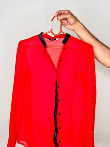 Red Sheer Button-Down Top