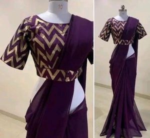 Elegant Purple Saree with Golden Zigzag Blouse