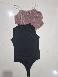 Chic Velvet Ruffle Top & Black Bodysuit Set