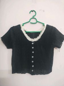 Black Lace Trim Button-Up Top