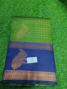 Elegant Green &amp; Blue Silk Saree with Peacock Motif