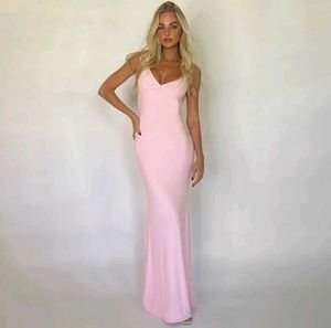 Pink Solid Plunging NeckMaxi Dress