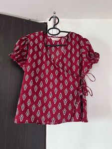Maroon cotton Printed Wrap Top