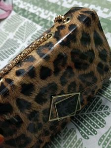 Leopard Print Clutch with Gold Chain