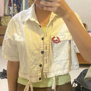 White Cropped Button-Up Shirt with Red Accent