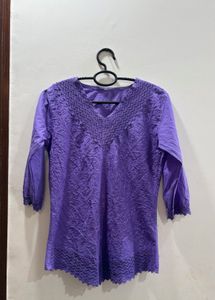 Purple Embroidered Cotton Kurti Top