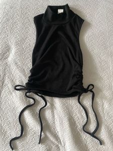 Black Ribbed Mock Neck Ruched Tank Top
