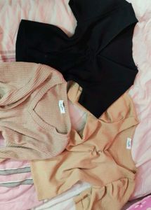 2 Ribbed Knit Tops - Black &amp; Beige