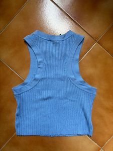 H&amp;M Blue Ribbed Sleeveless Crop Top