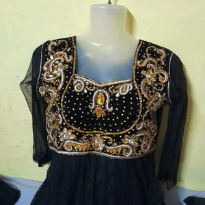 Black Anarkali Dress with Gold Embellishments