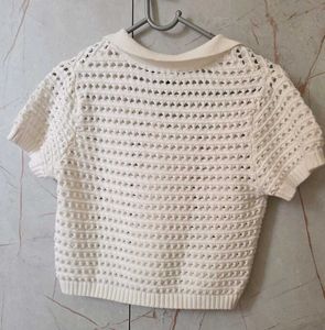 White Crochet Knit Polo Top