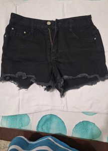 Black Denim Frayed Hem Shorts