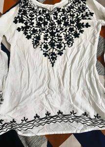 Elegant White Kurta with Black Embroidery