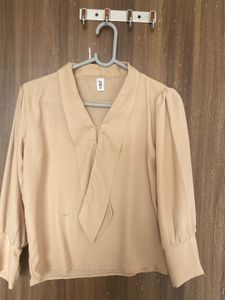 Elegant Beige Tie-Neck Blouse