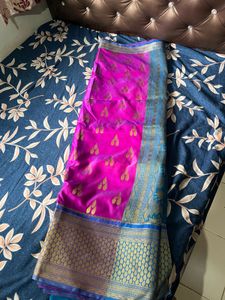 Vibrant Rani Pink Saree with sky blue blouse