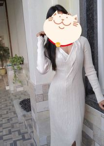 Cream Ribbed Knit Midi Dress