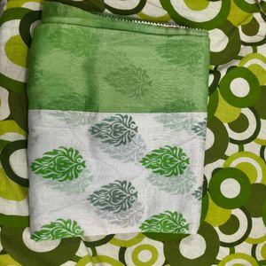 Green & White Printed Saree