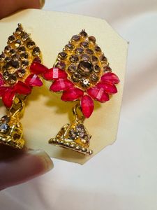 Pink &amp; Gold Jhumka Earrings