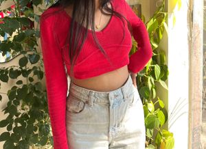 Red Cropped Long Sleeve Top