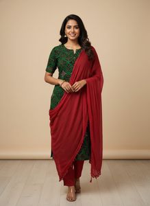Green Printed Kurta Set with Red Dupatta & Pants