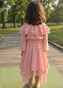 Kids Peach Off-Shoulder Dress with Bell Sleeves