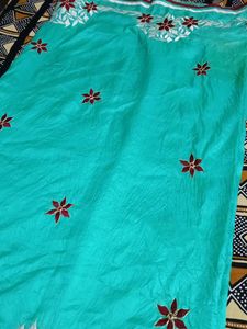 Beautiful Teal Saree with Floral Embroidery