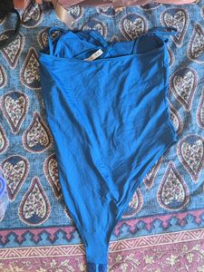 zara blue body suit with mesh panel