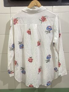 White Floral Print Button-Down Shirt