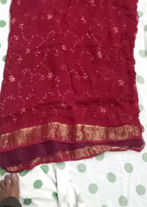 Embroidered Red Saree with Golden Border