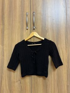Black Ribbed Tie-Front Cropped Top