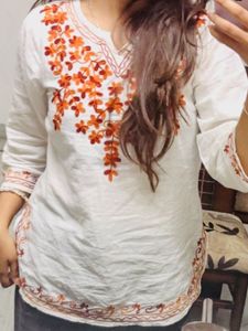 White Kurta with Red Embroidery
