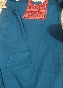 Blue Kurta set  with Red Embroidered Neck