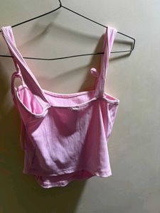 Pink Ribbed Spaghetti Strap Crop Top