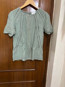 Olive Embroidered Short Sleeve Top