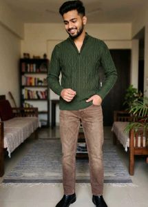 Men's Dark Green Cable Knit Quarter Zip Sweater