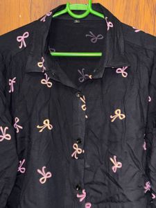 Black Bow Print Button-Up Shirt