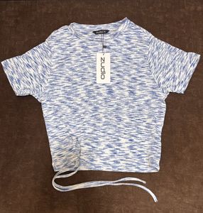 Blue & White Marled Knit Crop Top