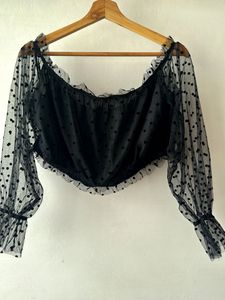 SHEIN Curve Black Polka Dot Sheer Mesh Top