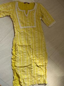 Yellow Printed Kurta with Lace