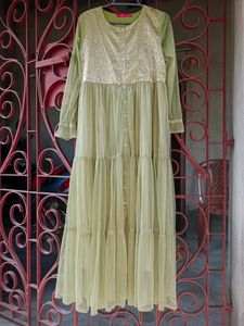 Olive Green Woven work Long Sleeves Gown