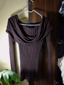 Y2K Brown Off-Shoulder Ribbed Knit Top