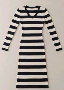 BLACK AND WHITE STRIPED RIBBED V-NECK BODYCON MIDI