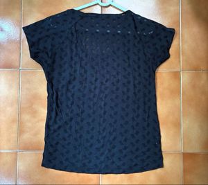 Chic Black T-Shirt with Sheer Sleeves and Back