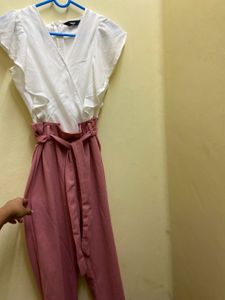 Elegant White Top with Pink High-Waist Pant