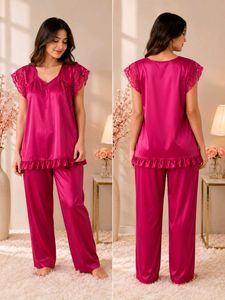 Satin Lace Trim Pajama Set