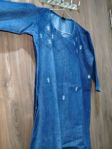 Denim Kurta with White Embroidery