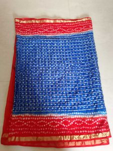 Blue &amp; Red bandhani Saree